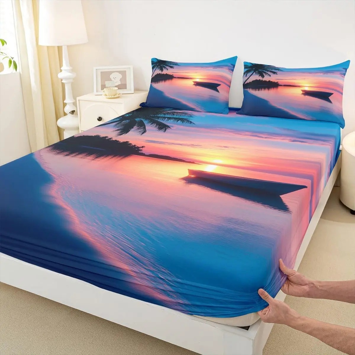 Coastal Nautical Fitted Sheet Full King for Boys Girls Summer Ocean Sunset Bed Sheets Set Palm Tree Beach Nature Scene Bed Cover