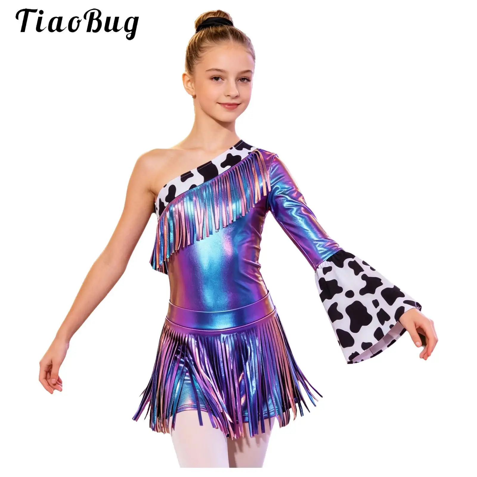 Kids Girls Western Cowgirl Cowboy Costume One Flare Sleeve Fringed Metallic Leotard with Tassels Shorts Halloween Party Dress Up