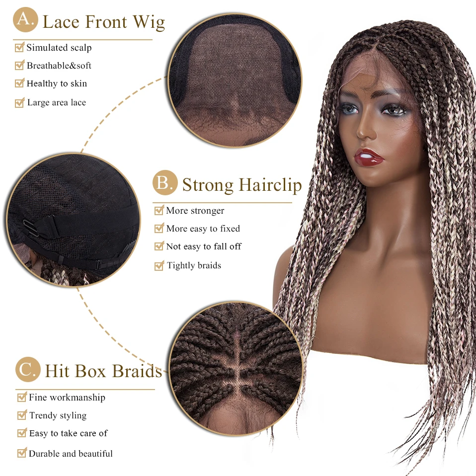 My-Lady Synthetic 25inches Lace Front Box Braiding Wig Frontal Brazilian For Black Woman Long Straight Blonde Hair Braided Wigs