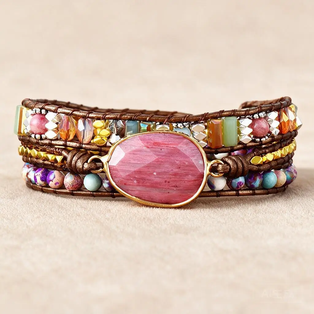 Custom Handmade Natural Rhodonite Beaded Multi Layer Boho Woven Leather Wrap Bracelet For Women With Two Custom Color Options