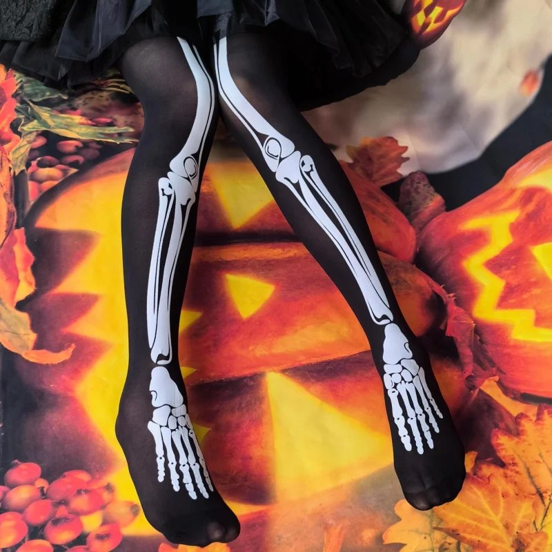 Harajuku Style Personalized Halloween Bone Skeleton Pantyhose Female Printed Black Silk Slim Disco Dancing JK Tights Women