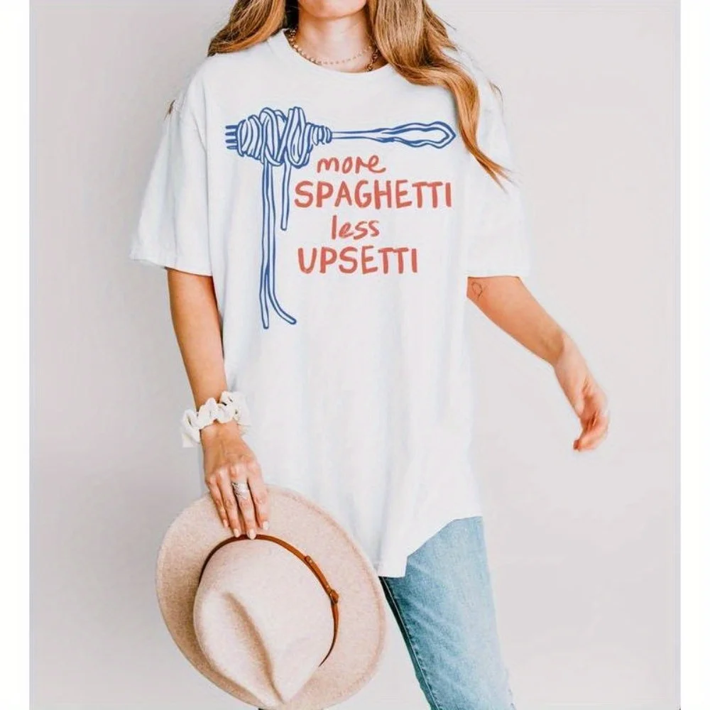 

Funny Food Graphic Tees for Womens More Spaghetti Less Upsett Pattern Tops Short Sleeve Casual Print T Shirts Cotton Shirts