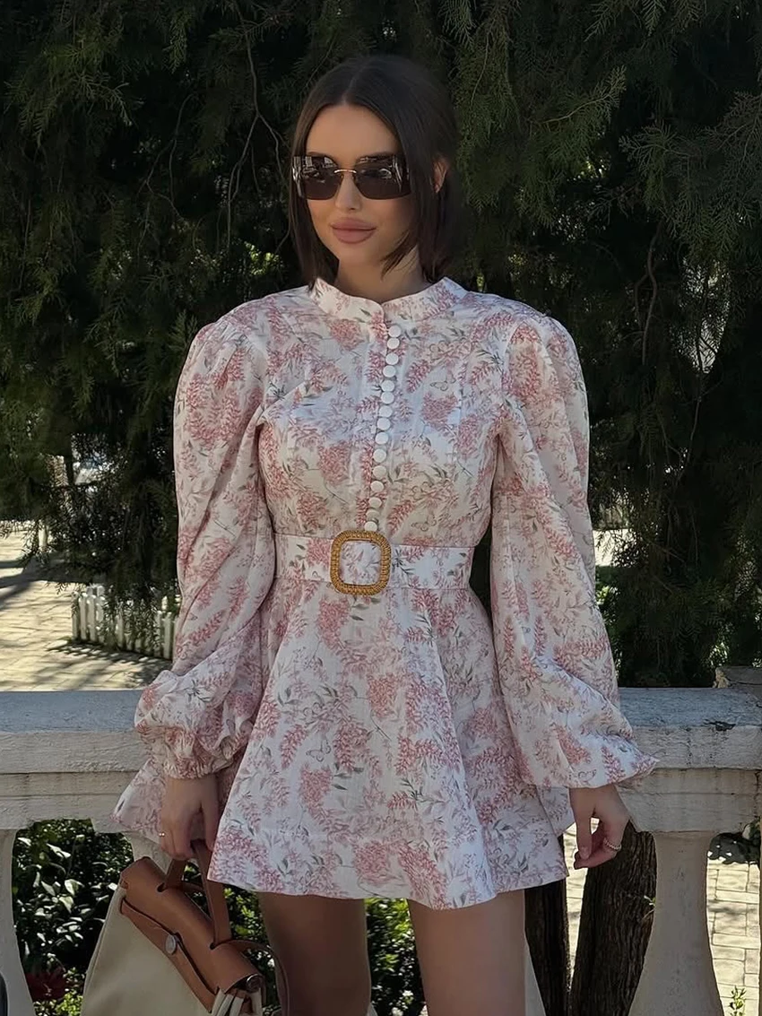 

Marthaqiqi Fashion Women Nightgown O-Neck Sleepwear Long Sleeve Nightwear Lace Up Nightie Sexy Mini Dress Printing Ladies Pajama