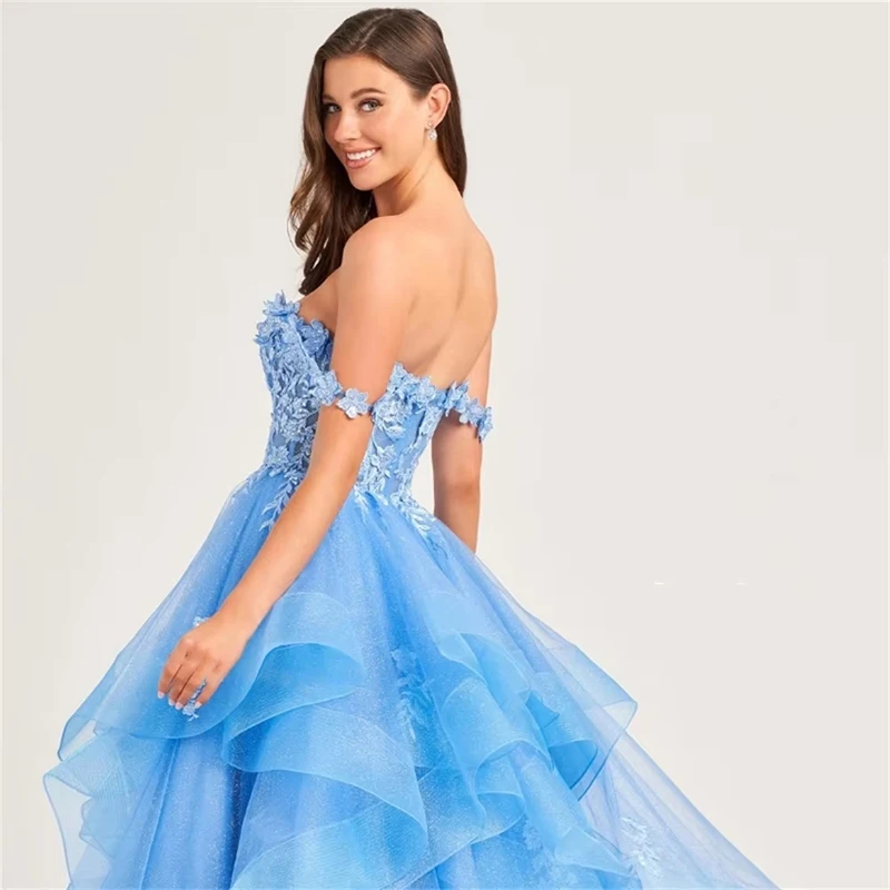 Robe de bal élégante bleu clair, épaules dénudées, avec des appliques florales, en Tulle à plusieurs niveaux, robe de soirée trapèze bouffante
