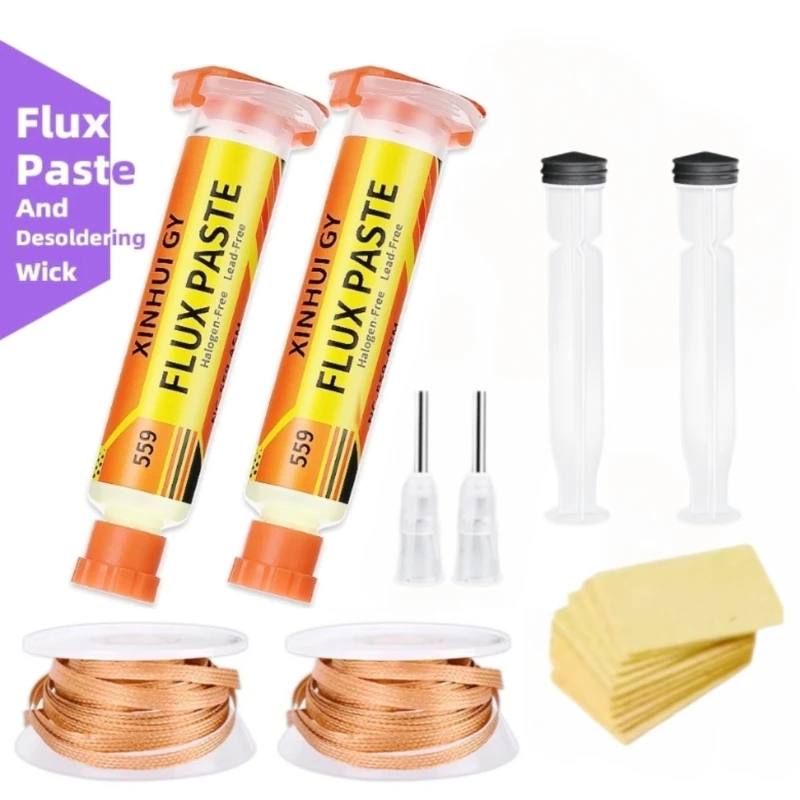 2.0mm Desoldering Braid + NC-559 FluxPaste Syringe Kit, Solder Remover WireSet for Electronic PCB Component RepairRework Tool