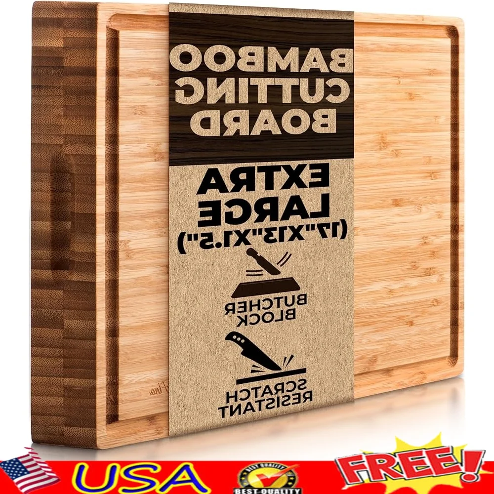 

Очень большая разделочная доска из органического бамбука, мясной блок, паз для сока, толщина 17x13, прочный деревянный кухонный поднос, приятный для ножей