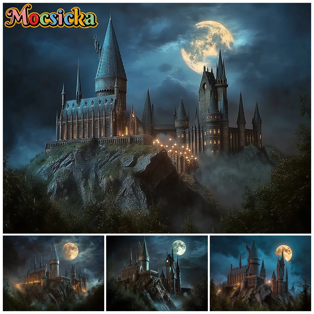 

Mocsicka Dark Foggy Night Magic Castle Photography Background Wizard School Halloween Studio Portrait Shooting Backdrops Decors