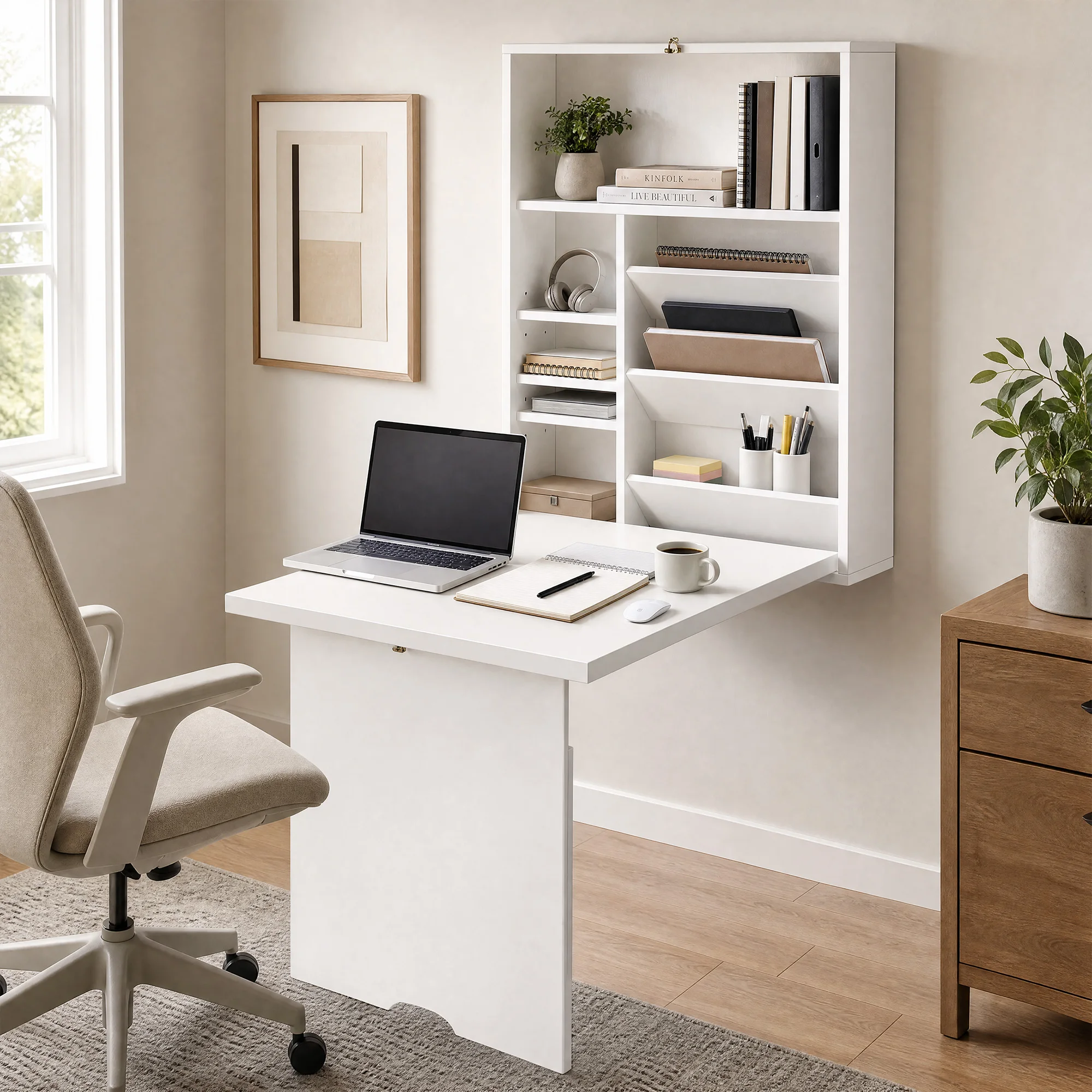 HOMCOM Wall Mounted Fold Out Convertible Desk, Multi-Function Floating Desk with Storage Shelf for Home Office, White