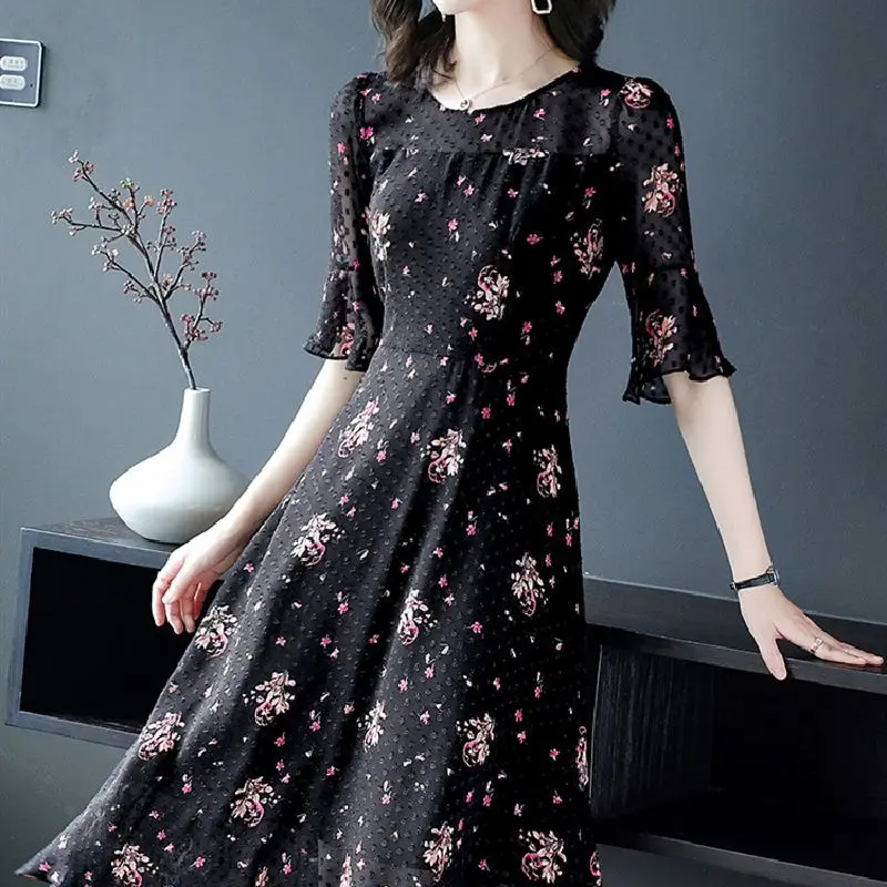 Robe mi-longue imprimée de fleurs cassées pour femmes, robes en mousseline de soie épissée, col rond, mode décontractée, vêtements de trajet A-ligne, été, 2023