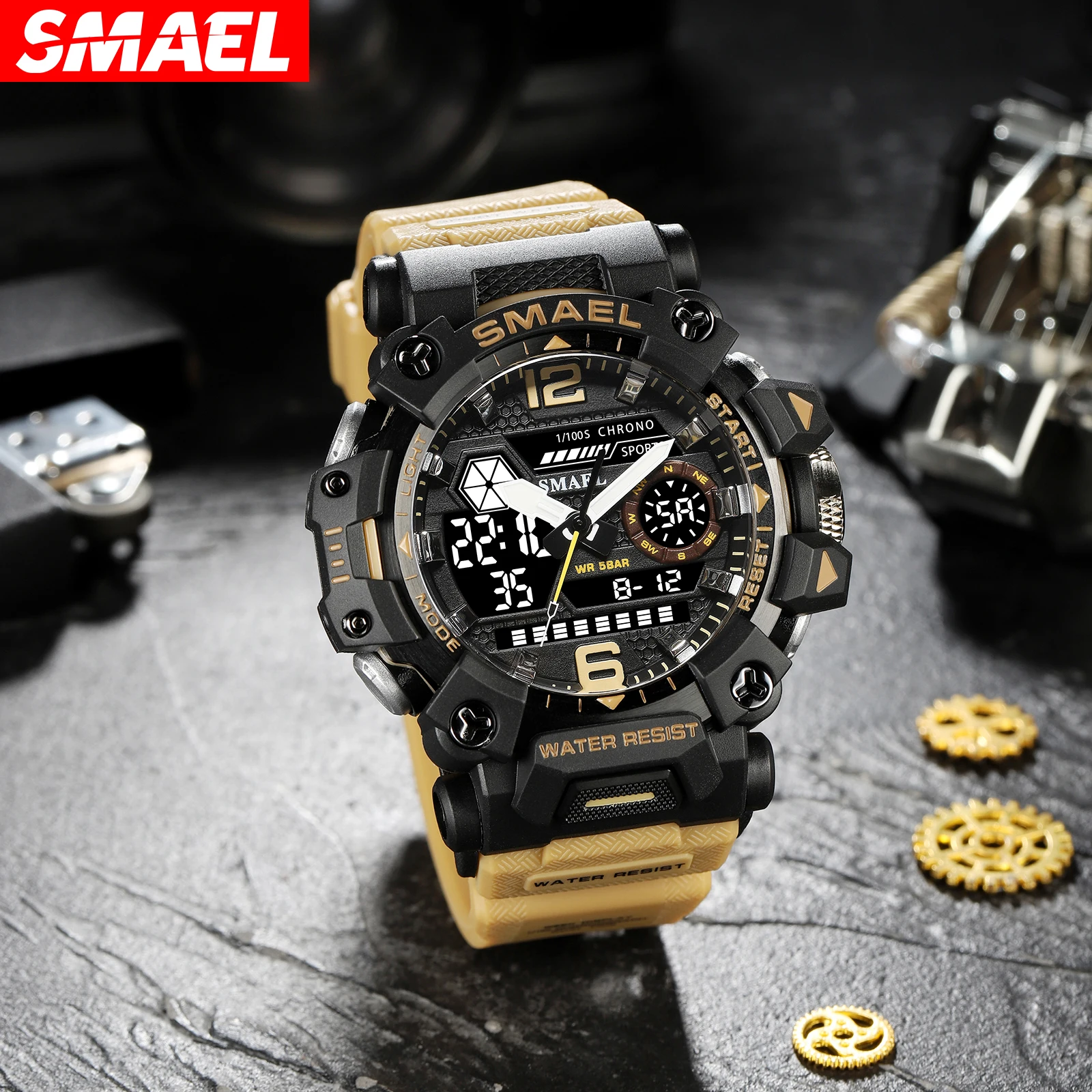 SMAEL 8072 Outdoor Tactical Men\'s Alloy Military Style Watch Night Glow Waterproof Dual Display Quartz Electronic Watch