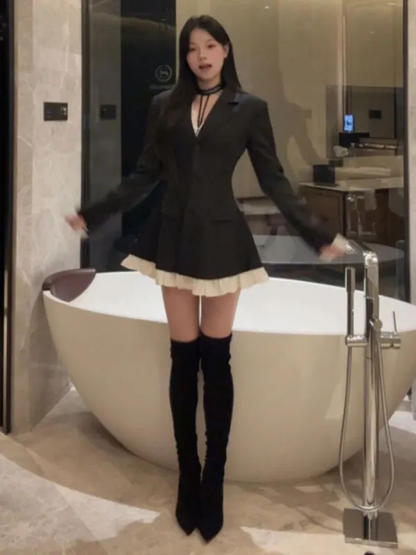 

Корейский стиль, костюм в стиле Хепберн, приталенный, с зауженной талией, модный, осенний, длинный, на пуговицах, деловой, повседневный...