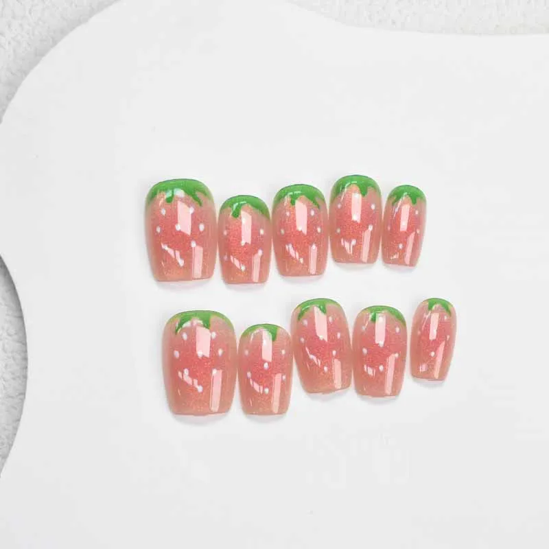 10Pcs Little Fresh Strawberry Fruit Series Crystal Strawberry Cat Eye Press on Nails with Polka Dot Simplicity False Nails Patch