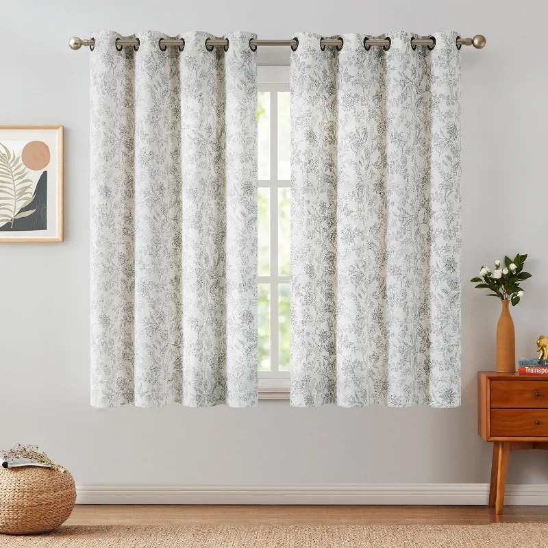 Floral Linen Farmhouse Curtains Length Drapes for Living Room Bedroom Pattern Light Filtering Country Vintage Curtain Grommet