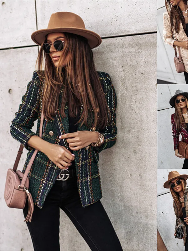 

Women's Autumn Winter Long Sleeve Double Breasted Printed Suit Cross Border Fashionable Rabbit Fur Cotton Office Wear