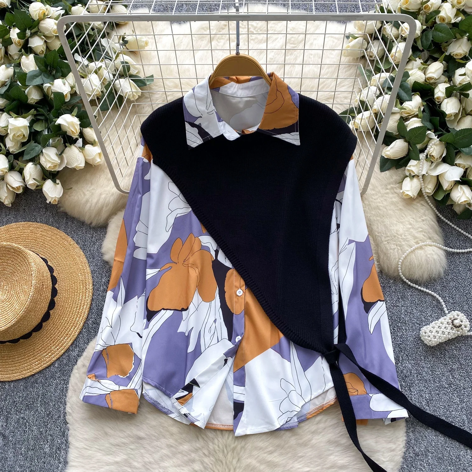 

Clothland Women Elegant Print Blouse Suit Long Sleeve Shirt With Irregular Knitting Vest Female Chic Two Piece Set LB379