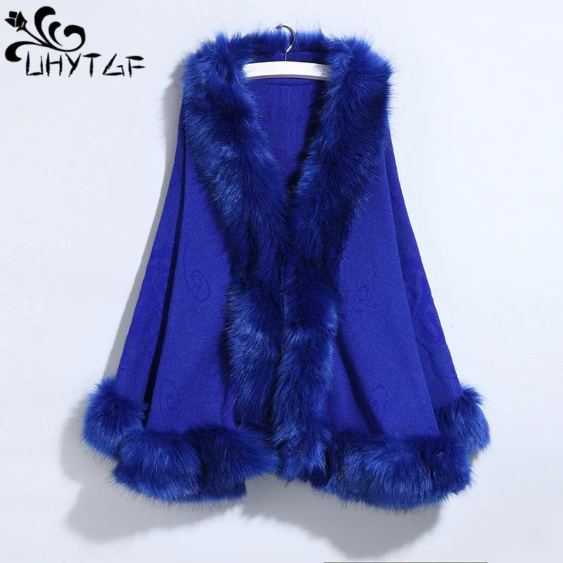 

UHYTGF Winter Fur Coat Womens Imitation Fox Fur Collar Knitted Cloak Shawl Jacket Female New Cardigan Ladies Cape Outerwear 2431