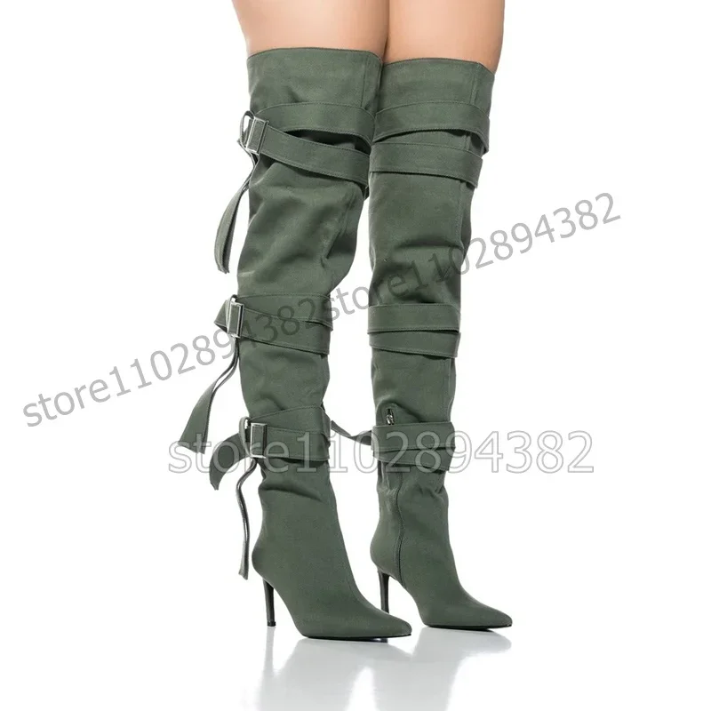 

Green White Belt Fastener Decor Pointed Toe Boots Side Zipper Women Shoes Thin High Heels Novel Fashion 2023 Zapatos Para Mujere