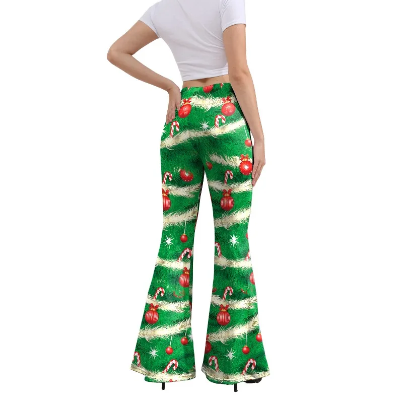 Pantalones navideños para mujer, pantalones acampanados con estampado de caramelo verde, pierna acampanada, fiesta, moda, arte digital, pantalones de pierna ancha