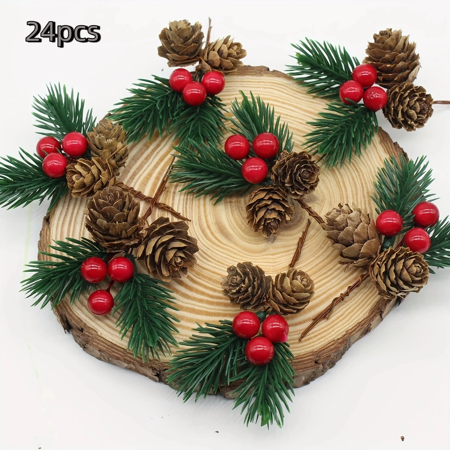 12/24pcs Christmas simulation pine branches, red fruits, pine cones, accessories, holiday handmade decoration small plugin