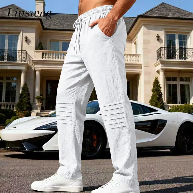 

Повседневные мужские однотонные льняные брюки, весенне-осенние повседневные дышащие штаны для отдыха, мужские винтажные плиссированные льняные брюки на шнурке
