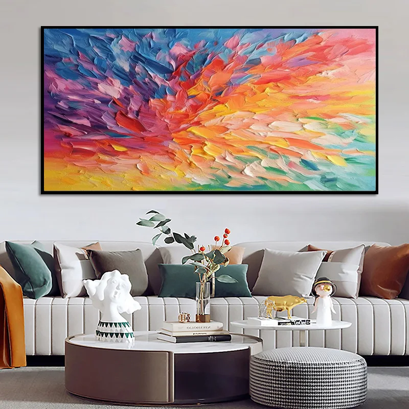Large Blue Red Yellow Canvas Thick Artwork Handpainted New Special Design Dark Navy Blue Red Oil Painting For Home Wall Decor