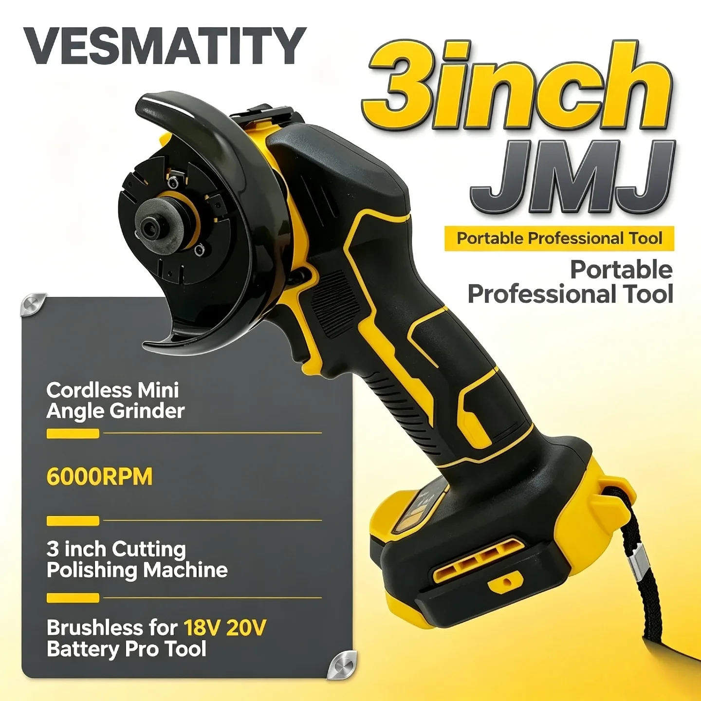 VESMATITY 3inchJMJ Cordless Mini Angle Grinder 6000RPM 3 Inch Cutting Polishing Machine Brushless for 18V 20V Battery Fast Cut
