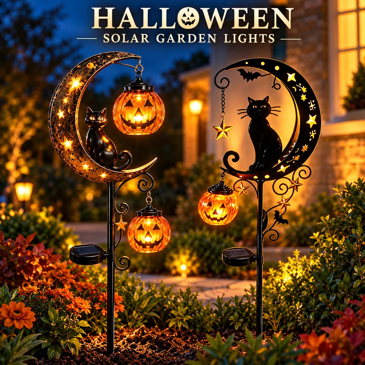 Solar Pumpkin Moon Garden Stake Lamp Black Cat Metal Yard Light Halloween Outdoor Decoration for Lawn Driveway Pathway