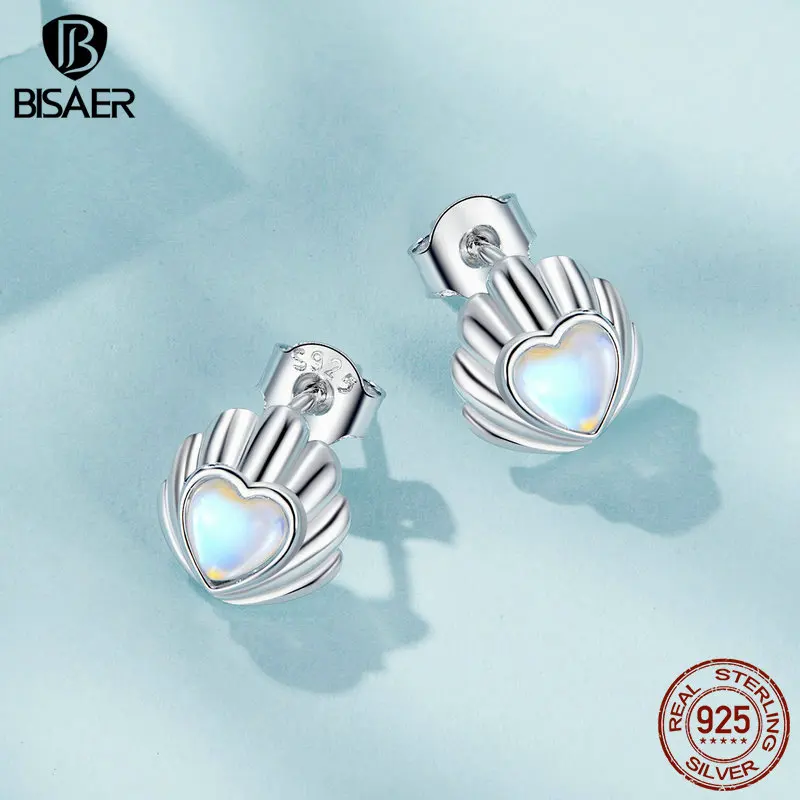 BISAER 925 Sterling Silver Seashell Stud Earrings Heart Moonstone Hypoallergenic Earrings for Women Fine Jewelry Holiday Gift