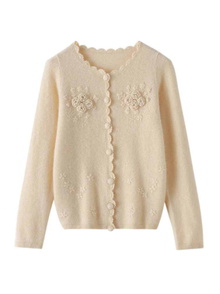 

Autumn Winter Women Cashmere Cardigan O Neck 100% Merino Wool Sweater Hand Embroidered Flowers Soft Warm Knitwear Grace Tops
