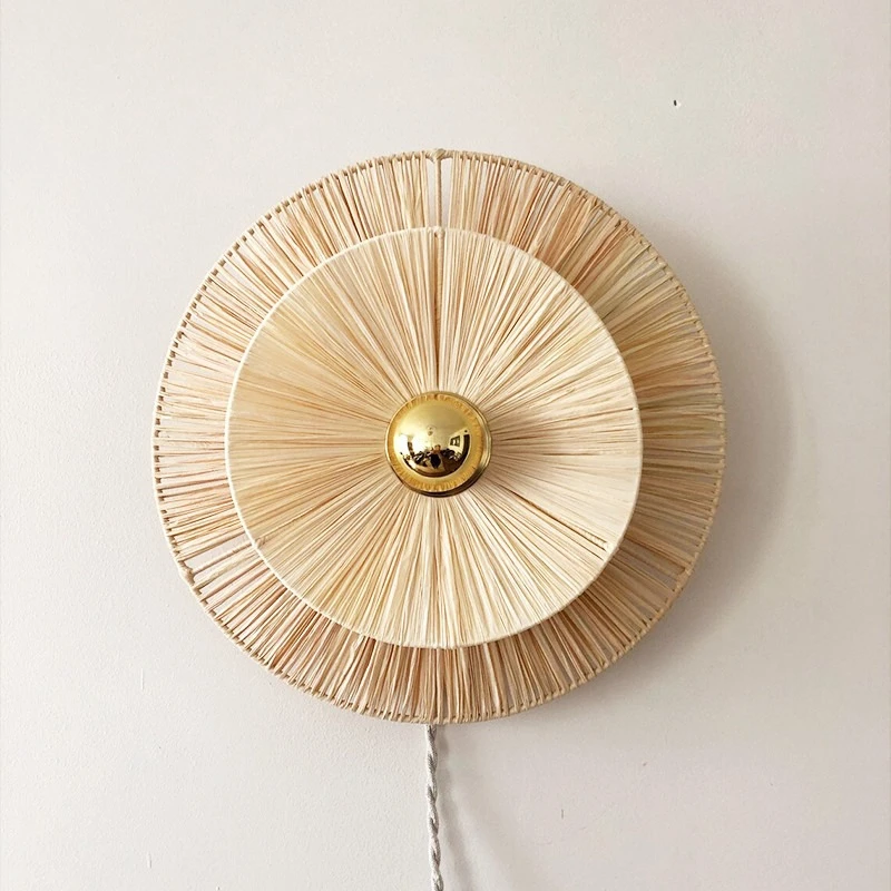

Japanese Wabi-Sabi Style Bedroom/Homestay Rattan Weave LED Wall Lamps Creative Pendant Light Indoor Fixtures Rotundity Ornaments