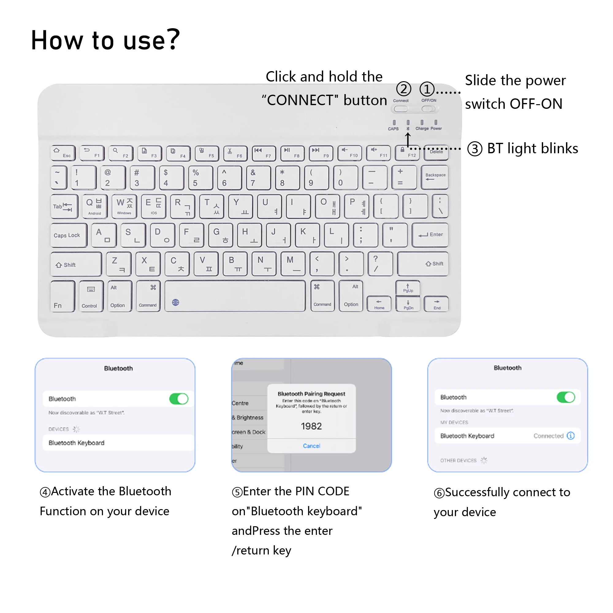 Teclado Bluetooth ultrafino de 78 teclas en idioma coreano |   Multidispositivo silencioso recargable con teclas calientes para Android iOS Windows