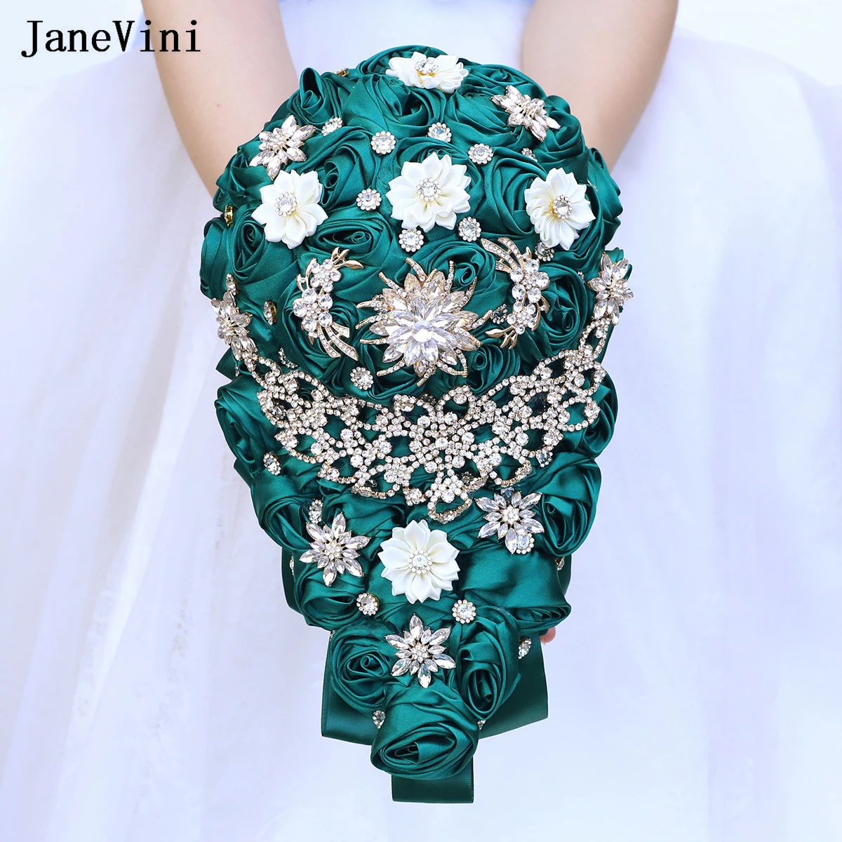 

JaneVini Dark Green Cascading Flowers Waterfall Bridal Bouquets with Gold Rhinestone Handmade Satin Roses Wedding Brooch Bouquet