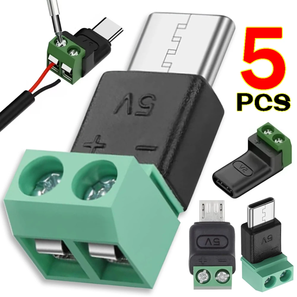 1-5Pcs 5V Solderless Plug USB C To 2Pin Terminal Adapter Screw 5V Crimp Terminal Block Green Data Transfer Charging Connector