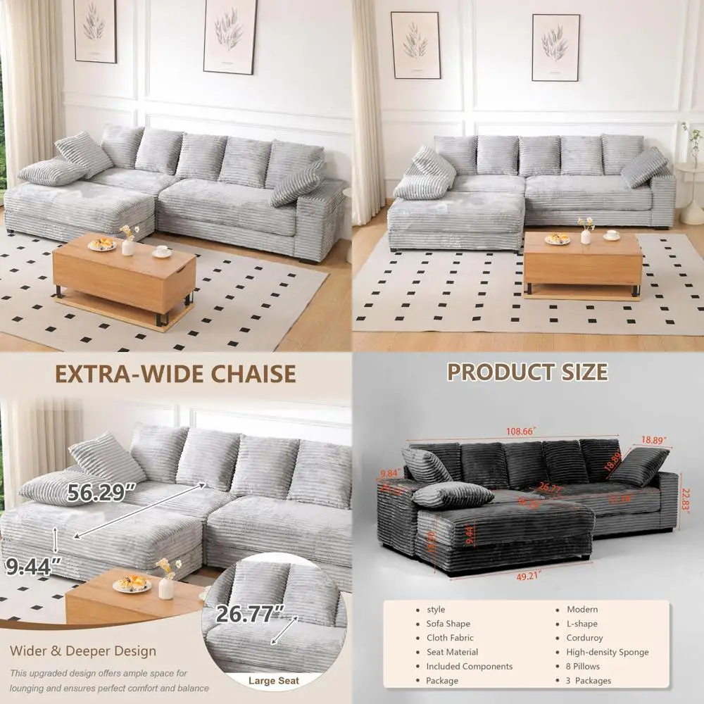 Современный секционный диван в облачном стиле с глубоким сиденьем и пуфиком для хранения вещей для гостиных и квартир