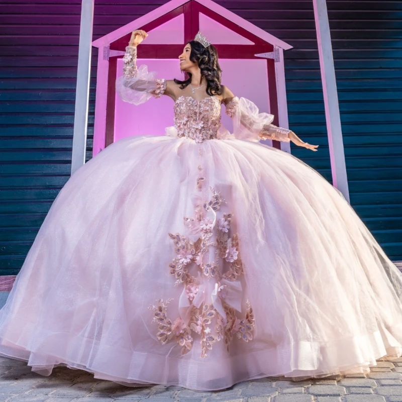 

Pink Quinceanera Dresses Off The Shoulder Applique Lace Beads Tull Party Birthday Sweet 16 Dress Vestidos 15 De Anos