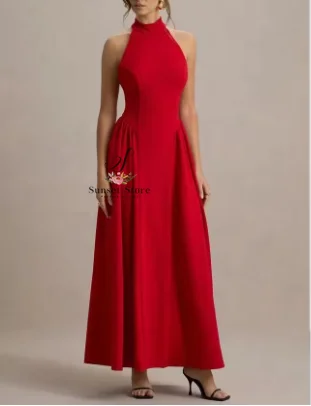 

Customized Red Ankle-Length Crepe Evening Dress Halter Prom Dress 2025 Backless Sleeveless A-Line Party Dress