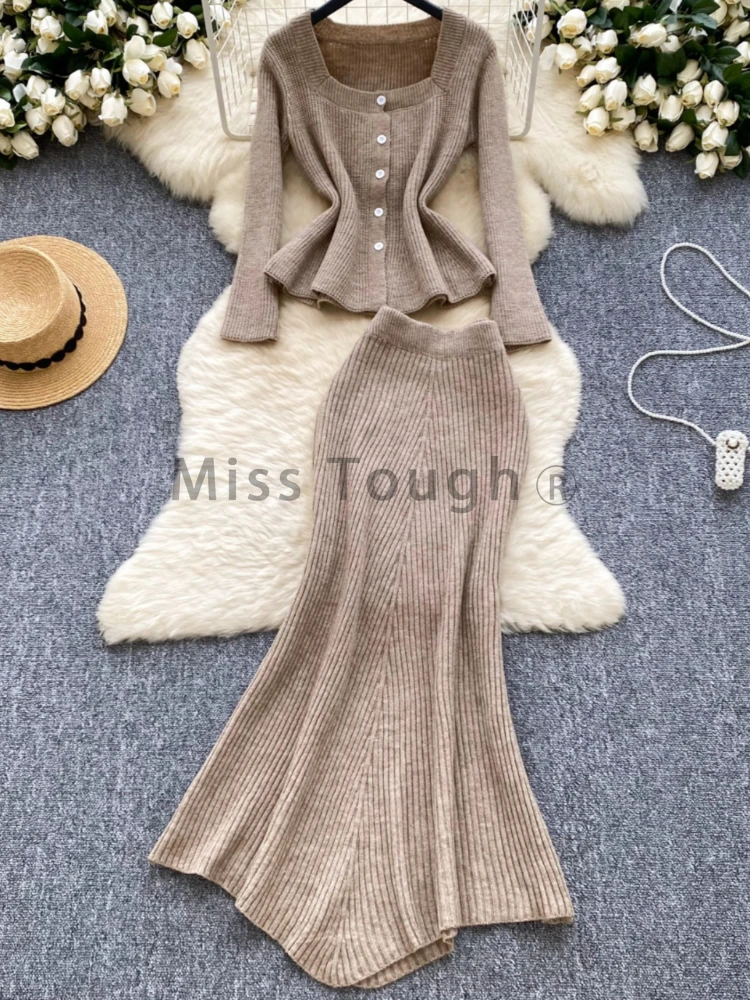 Autumn France Vintage Senior 2 Piece Set Women Design Square Neck Waist Tops + Irregular Skirt Female Slim Fit Solid Suit New