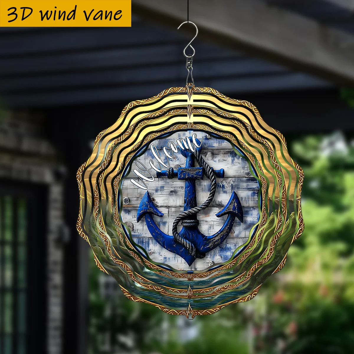 CIFBUY 3D Blue Anchor Wind Chime Metal Spinner with 360 Rotating Hook Welcome Hanging Ornament for Garden Patio Outdoor Indoor H