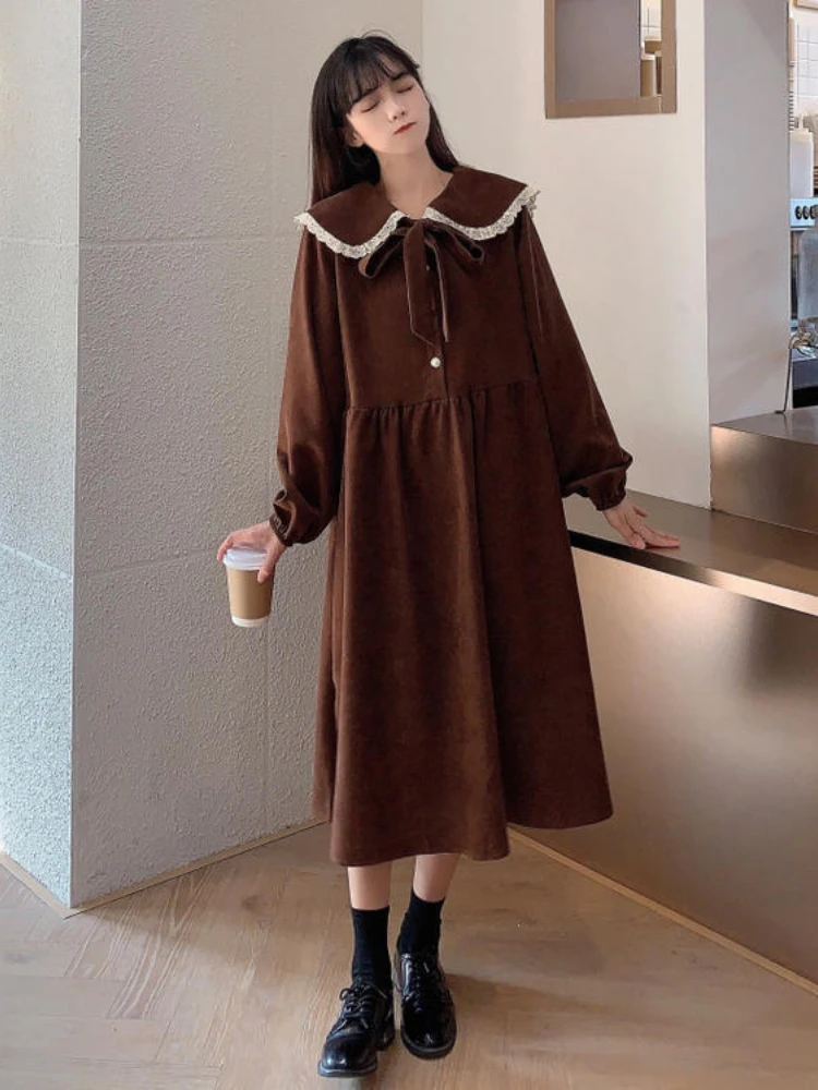 Y2k Chic Oversized Dress for Women Patchwork Robe Femme 2024 Vestidos De Mujer Sweet Peter Pan Collar Vintage Slim Waist Dresses