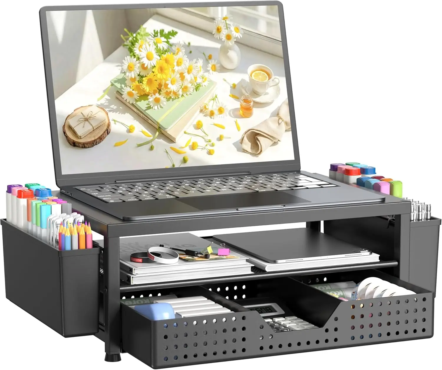 

Двухуровневая металлическая подставка для монитора с выдвижным ящиком и держателями для ручек, вентилируемая стальная верхняя панель для организации рабочего стола в домашнем офисе