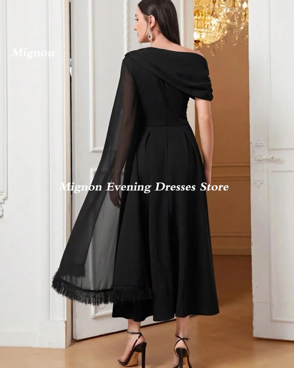 Mignon Satin A-line Square Neckline Prom Gown Ruffle Evening Tea-length Formal Cap Straps Elegant Party Dress for Women 2023