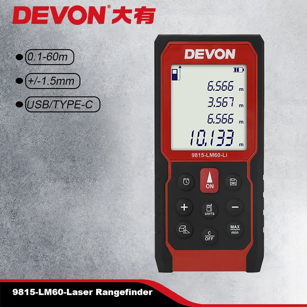 DEVON 9815-lm60 Laser Rangefinder Distance Meter 40m 60m 80m Measure Smart Intelligent Type-C USB Charger LED Display