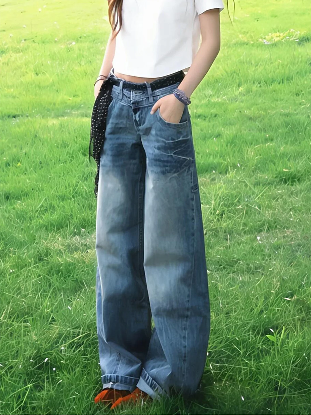 

Retro Washed American Style High Waist Straight Leg Jeans Women's Summer New Slimming Tapered Floor-Length Casual Denim