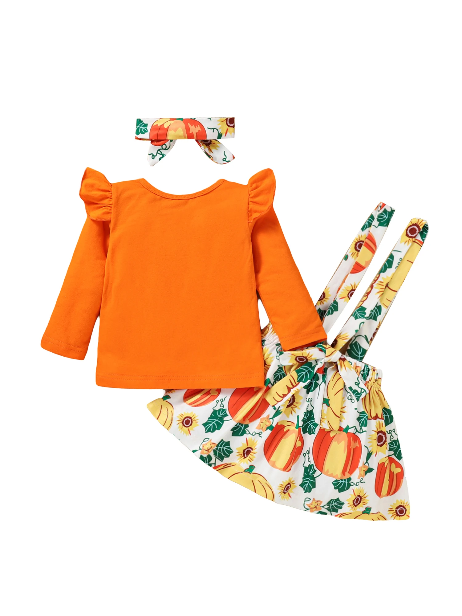 Girl s Outfit Set with Long Sleeve T-shirt Suspender Skirt and Matching Headband Featuring Pumpkin Print