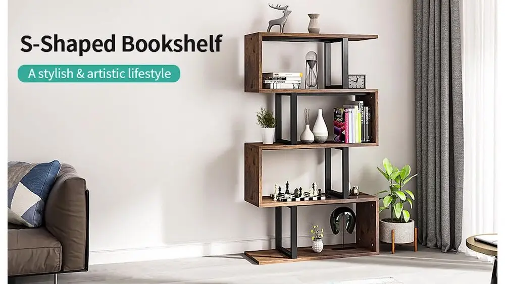 5 Tier Bookcase Wooden S-Shaped Z-Shelf Bookshelf Display Rack Storage Shelf