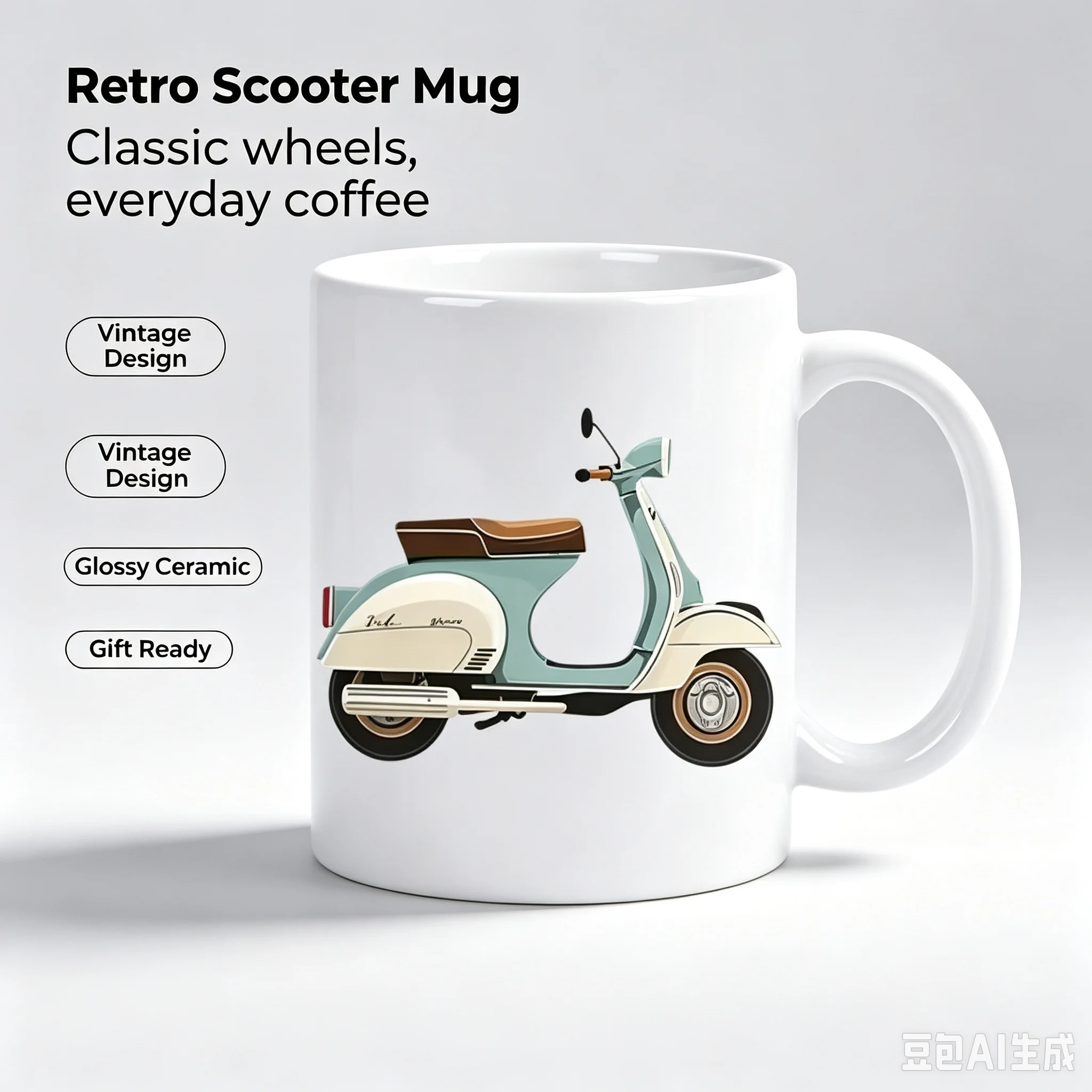 Vintage Scooter Ceramic Mug - Retro White Coffee Cup with Brown Seat & Golden Accents, Perfect Gift for Scooter Enthusiasts, Han