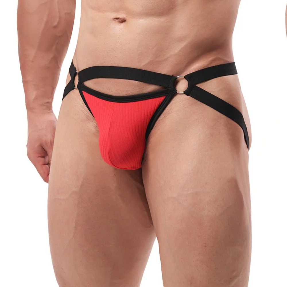 

U-shaped Expansion Bag Sexy Men's Low Waist Thong Underwear with Loop Design Striped Underwear Breathable Comfortable Underwear