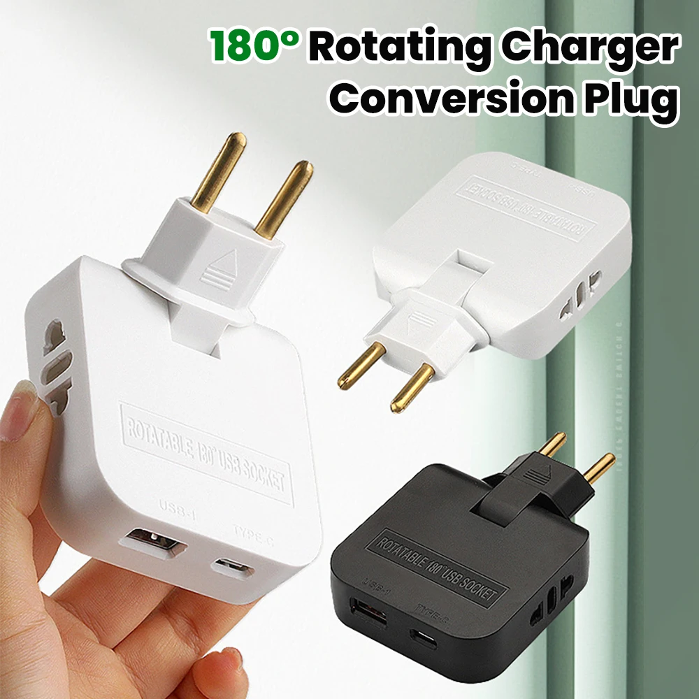 4.8mm EU/US Converter Plugs Adapter 4 in 1 180° Rotating Charger Conversion Plug USB/Type C Charging Socket EU Electrical Plug