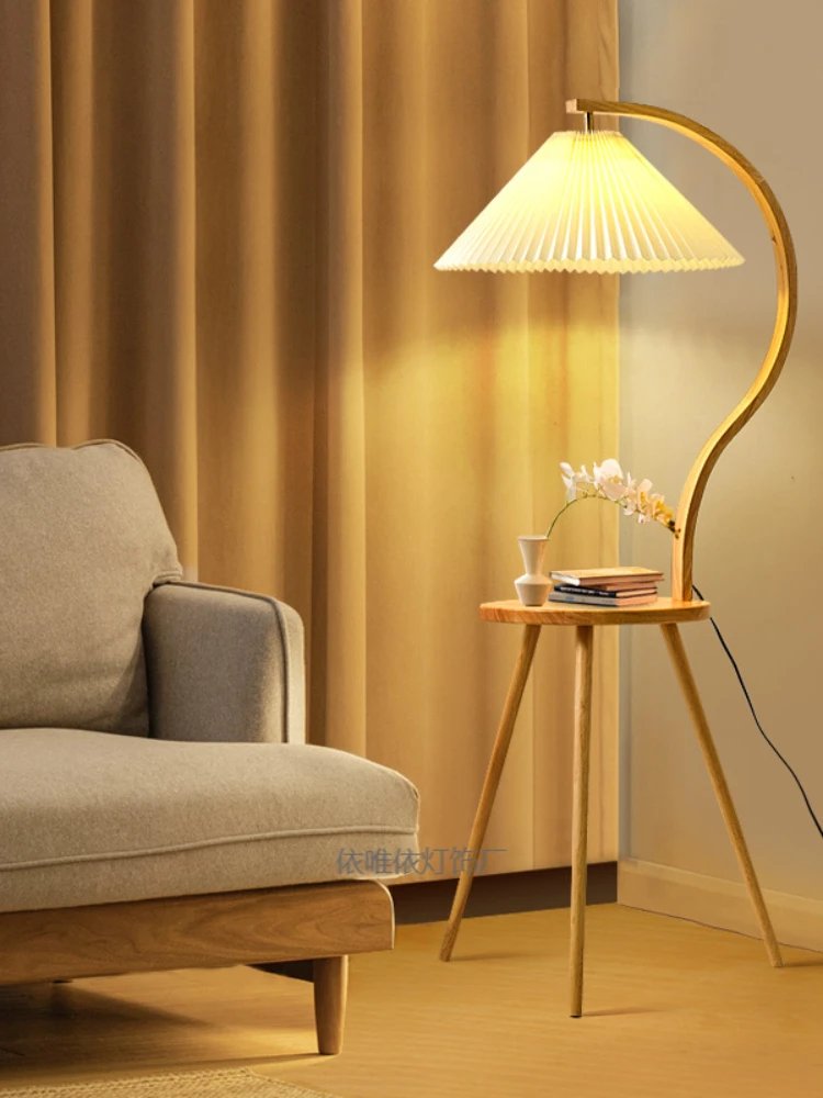 Retro solid wood online celebrity pleated floor lamp living room storage integrated table lamp bedroom antique tea table bedside