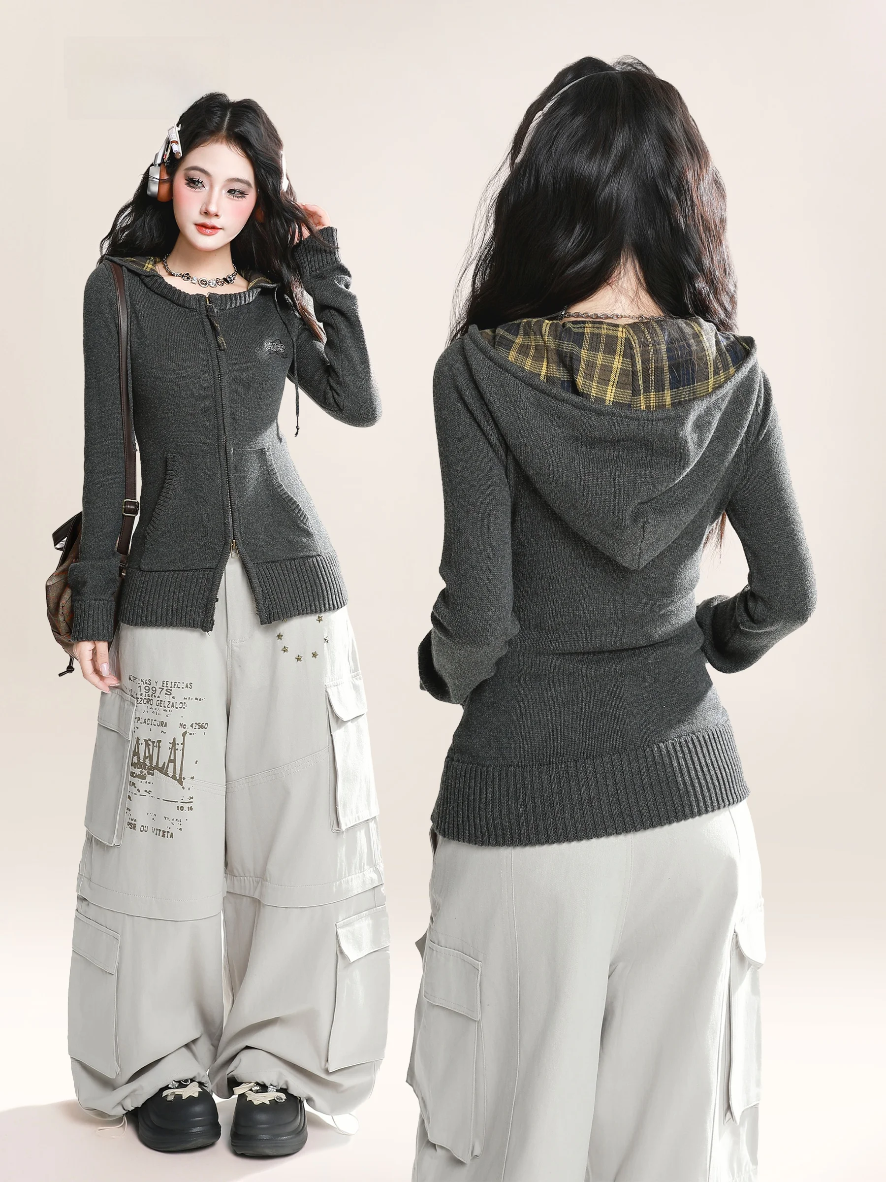 

HM американский вязаный свитер с капюшоном в стиле ретро, женский облегающий клетчатый топ с двойной молнией, модный кардиган, длинный свитер из смеси хлопка